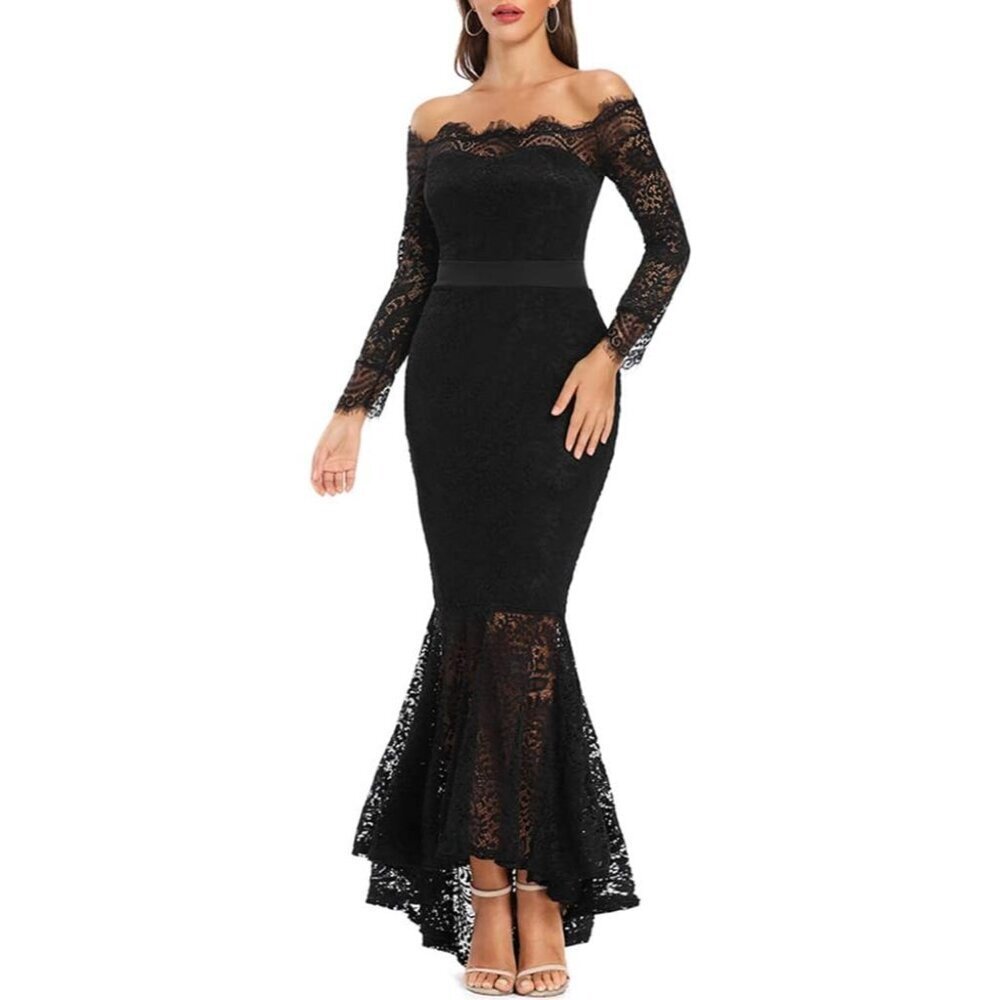 Women's Black Floral Lace Long Sleeve Off Shoulder Wedding Mermaid Dress